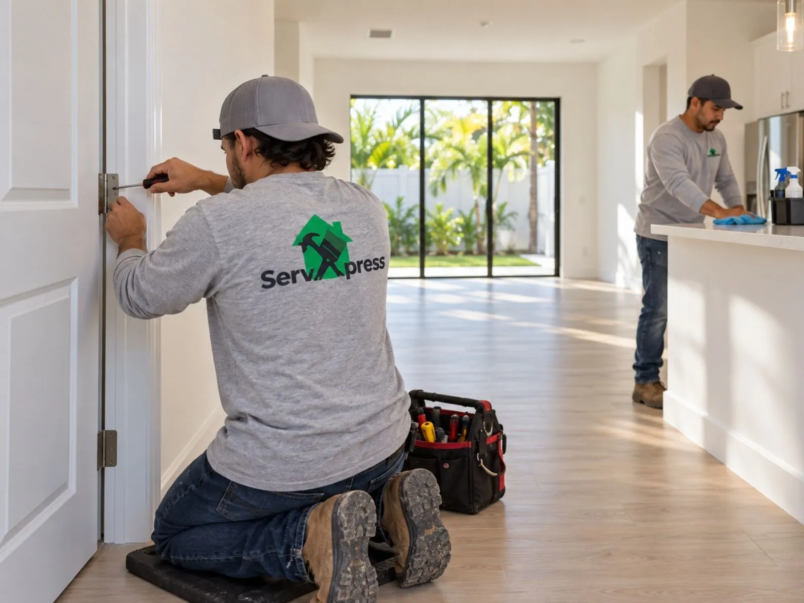 A ServXpress worker kneeling at a door with a screwdriver and a tool bag beside him, while a second worker stands at a kitchen counter in the background.