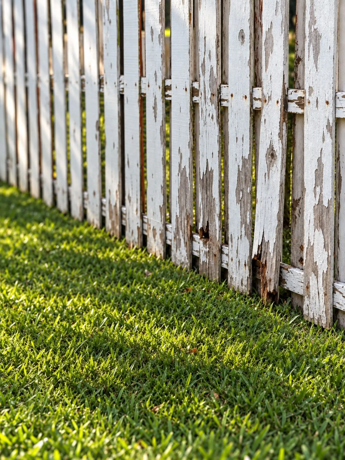 White fence with peeling, worn paint above a lawn